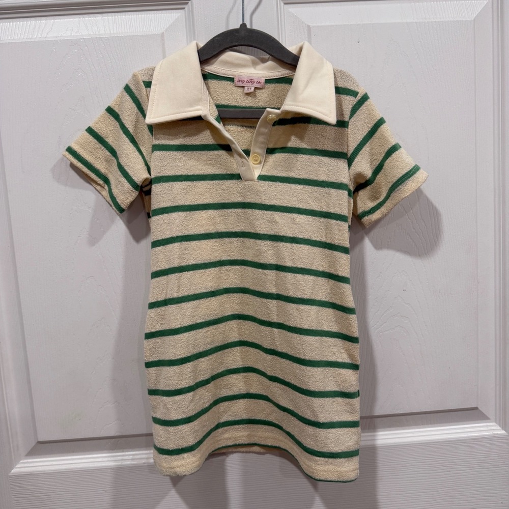 Ivy City Co Kids 2T Terry Cloth Polo Dress Green Cream Striped Cotton Mini